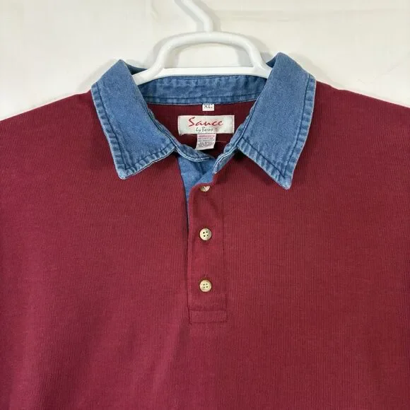 Vinatge 90s Sauce by Berne Burgandy 3-Button Pullover with Denim Collar Size XL - Picture 3 of 5